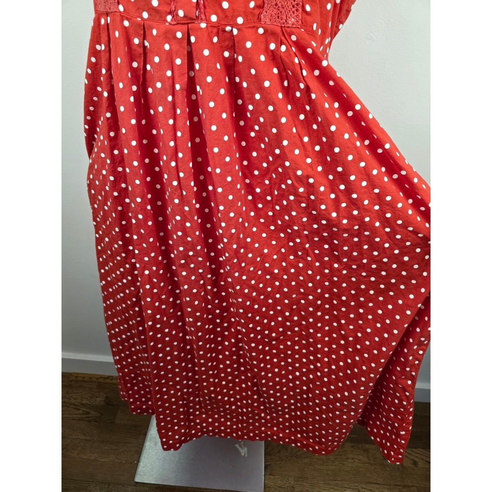 April Cornell Red Polka Dot Cotton Midi Dress XL Sleeveless Lace Trim Pockets - Picture 4 of 9